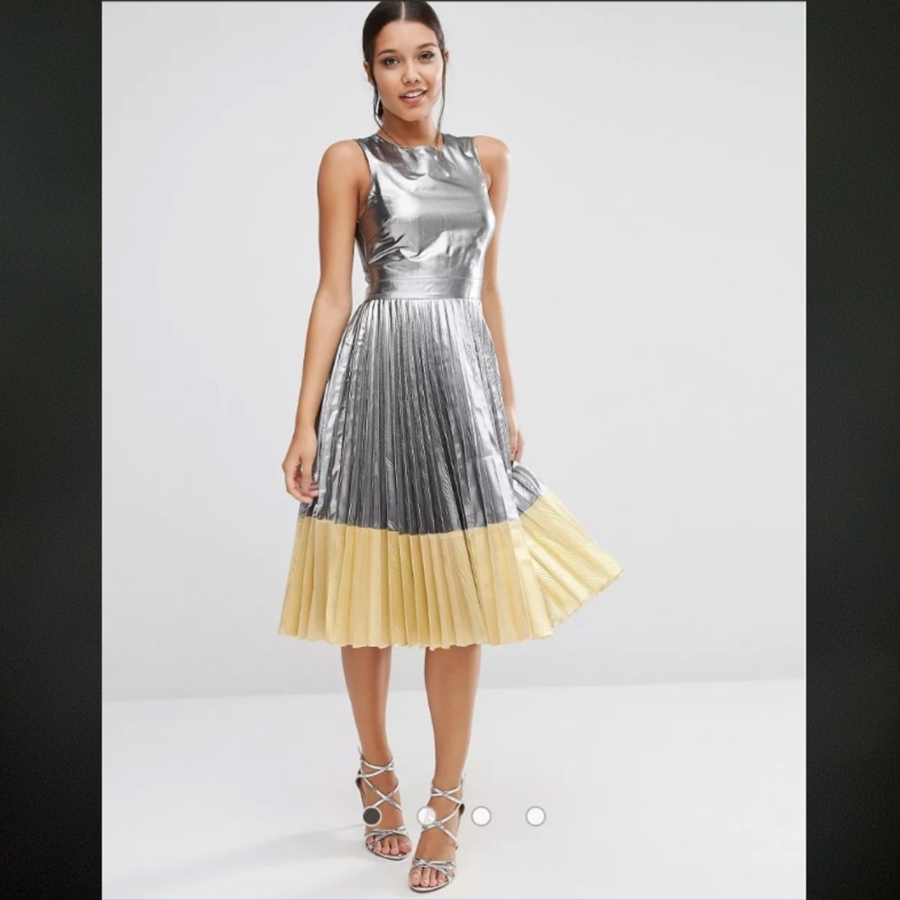 ASOS Sheer And Solid Silver Metallic Pleated Midi Dress Size 8